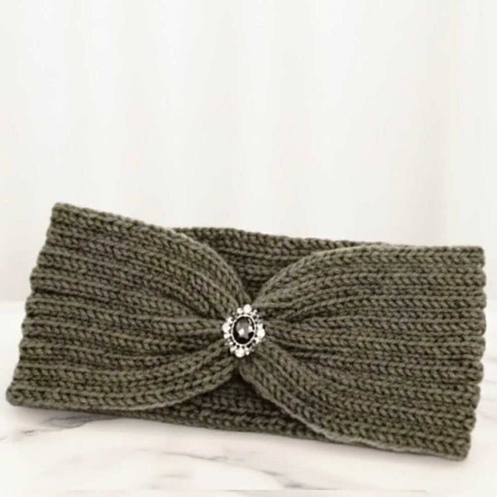 Ladies Brown Vintage Style Jewel Knitted Winter Headband